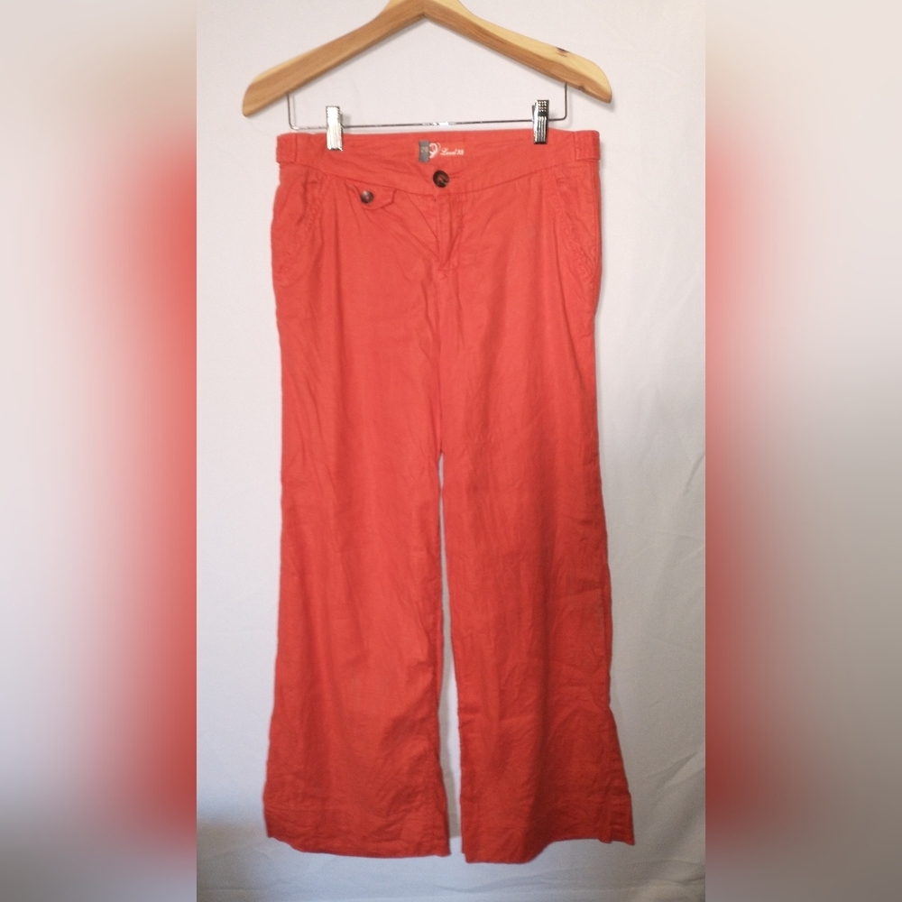 Level 99 Anthropologie Vibrant Coral Orange Wide Leg Crop Linen Pants Size 28